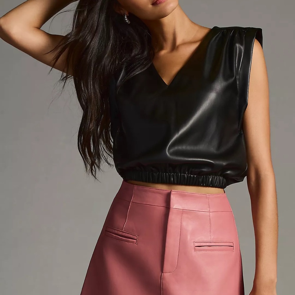 Bishop + Young from Anthropologie Simone Faux Leather Banded V Neck Top